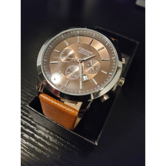 🔥 NEW IN BOX Chronos Men's Leather‎ Strap Calendar Business Watch (brown) - Picture 1 of 5